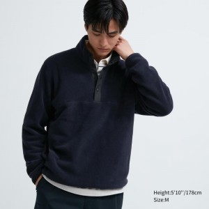 Navy Men Uniqlo Fleece Button Up Long Sleeve Pullover Hoodie | USA ZLTPQ-0729