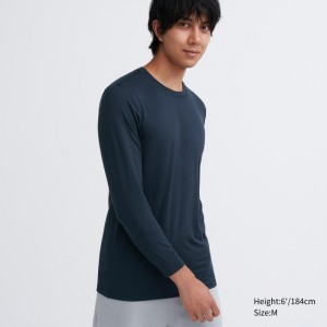 Navy Men Uniqlo Heattech Crew Neck Long-sleeve T Shirts | USA WYSMP-3629