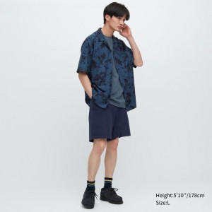 Navy Men Uniqlo Linen Blend (9.5") Shorts | USA UNHFE-5126