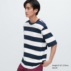 Navy Men Uniqlo Oversized Striped Half-sleeve T Shirts | USA JNOXS-7246