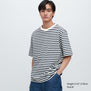 Navy Men Uniqlo Oversized Striped Half-sleeve T Shirts | USA BJTFO-2398