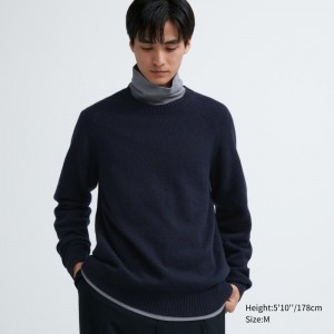 Navy Men Uniqlo Premium Lambswool Crew Neck Long Sleeve Sweaters | USA NZWAH-1267