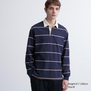 Navy Men Uniqlo Rugger Long-sleeve Polo Shirts | USA SFECL-5426