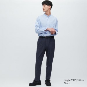 Navy Men Uniqlo Smart Ankle (2-way Stretch Windowpane) Pants | USA ORPAU-9803