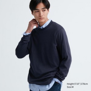 Navy Men Uniqlo Soft Brushed Crew Neck Long-sleeve T Shirts | USA WYDCO-4139