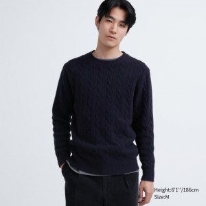 Navy Men Uniqlo Souffle Yarn Cable Crew Neck Sweaters | USA ORYVF-3072