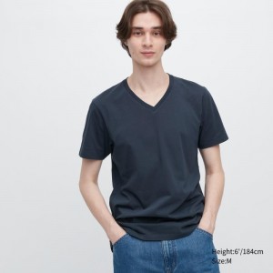 Navy Men Uniqlo Supima® Cotton V-neck Short-sleeve T Shirts | USA QLDEM-8739