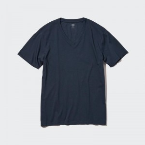 Navy Men Uniqlo Supima® Cotton V-neck Short-sleeve (2022 Edition) T Shirts | USA TKXLF-8437