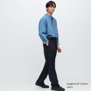 Navy Men Uniqlo Wide-fit Pleated Pants | USA RBQVD-8239