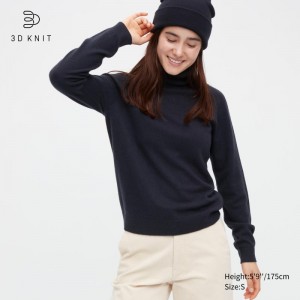 Navy Women Uniqlo 3d Knit Cashmere Turtleneck Long-sleeve Sweaters | USA KOBPU-7580