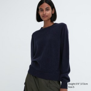 Navy Women Uniqlo Cashmere Crew Neck Long-sleeve Sweaters | USA BLCIJ-1382