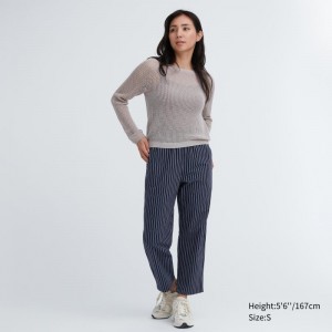 Navy Women Uniqlo Cotton Striped Relaxed Ankle Pants | USA IKTXU-8519