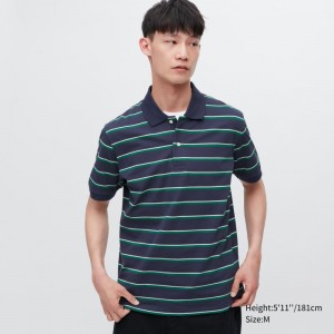 Navy Women Uniqlo Dry Pique Striped Short-sleeve Polo Shirts | USA EXPTV-9146