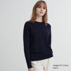 Navy Women Uniqlo Extra Fine Merino Crew Neck Sweaters | USA SZCOA-0324