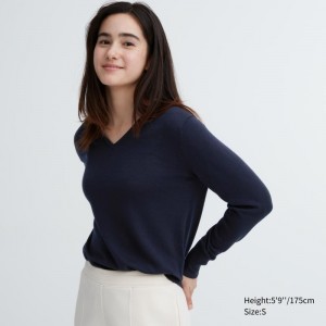 Navy Women Uniqlo Extra Fine Merino V-neck Long-sleeve Sweaters | USA ARUYI-4130