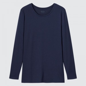 Navy Women Uniqlo Heattech Crew Neck Long-sleeve T Shirts | USA TIDMJ-6259