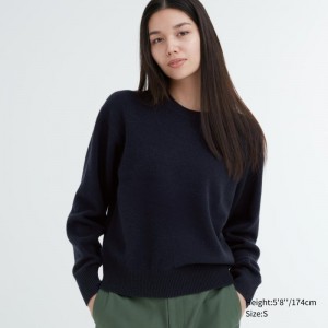 Navy Women Uniqlo Premium Lambswool Crew Neck Long-sleeve Sweaters | USA UBALJ-3645