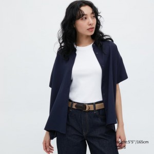 Navy Women Uniqlo Rayon Short-sleeve Blouse | USA XSGNM-8273