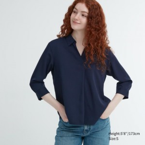 Navy Women Uniqlo Rayon Skipper Collar 3/4-sleeve Blouse | USA PICGU-7501