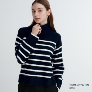 Navy Women Uniqlo Souffle Yarn Striped High Neck Long-sleeve Sweaters | USA LVAKE-0532