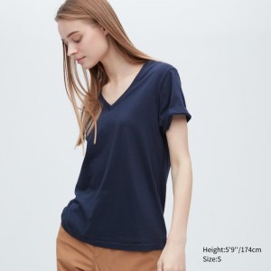 Navy Women Uniqlo Supima® Cotton V-neck Short-sleeve T Shirts | USA MBZAG-6705