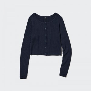 Navy Women Uniqlo Uv Protection Crew Neck Cropped Cardigan | USA ODLRM-6897