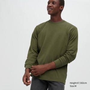 Olive Men Uniqlo Brushed Cotton Crew Neck Long-sleeve T Shirts | USA WRBKD-3672