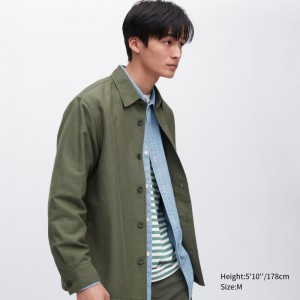 Olive Men Uniqlo Cotton Linen Over Shirt Jackets | USA MPAHG-4261