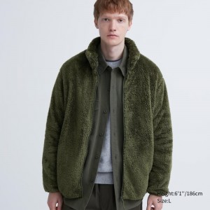 Olive Men Uniqlo Fluffy Yarn Fleece Full-zip Jackets | USA JGPRQ-4756