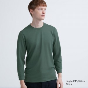 Olive Men Uniqlo Heattech Cotton Crew Neck (Extra Warm) T Shirts | USA NFCYT-0497