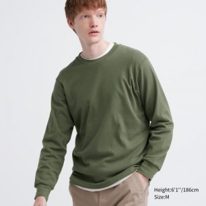 Olive Men Uniqlo Soft Brushed Crew Neck Long-sleeve T Shirts | USA EDFHY-1042