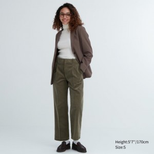 Olive Women Uniqlo Corduroy Wide-fit Pleated Pants | USA VHAMX-6379