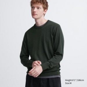 Olive Women Uniqlo Extra Fine Merino Crew Neck Sweaters | USA DPYFX-2417