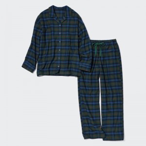 Olive Women Uniqlo Flannel Long-sleeve Pajamas | USA ILQAR-8594