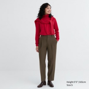 Olive Women Uniqlo Heattech Pleated Tapered Pants | USA OZXDQ-1348