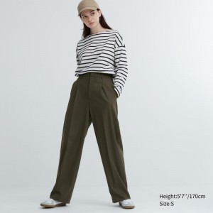 Olive Women Uniqlo Wide-fit Pleated Pants | USA FPNBE-9527