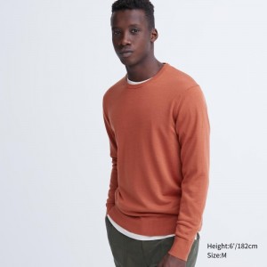 Orange Men Uniqlo Extra Fine Merino Crew Neck Sweaters | USA UPJMH-8635