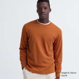 Orange Men Uniqlo Soft Brushed Crew Neck Long-sleeve T Shirts | USA ZGMWA-0493