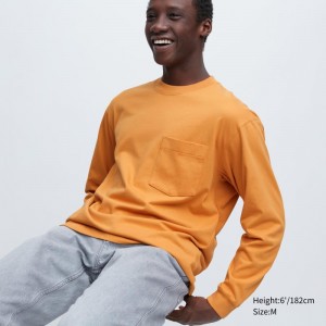 Orange Men Uniqlo Washed Cotton Crew Neck Long-sleeve T Shirts | USA GHFJL-3716