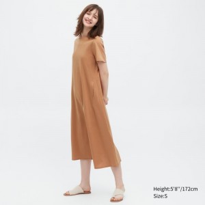 Orange Women Uniqlo Mercerized Cotton Short-sleeve A-line Dress | USA EDXAL-4031