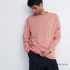 Pink Men Uniqlo Airism Cotton Uv Protection Crew Neck Long-sleeve T Shirts | USA GTQHD-5896