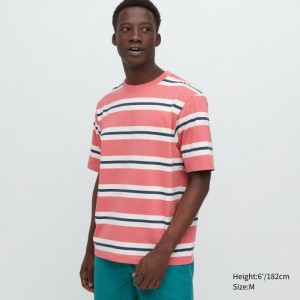 Pink Men Uniqlo Oversized Striped Half-sleeve T Shirts | USA GHVZB-5903