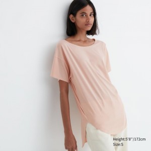 Pink Women Uniqlo Airism Seamless Boat Neck Short-sleeve Long T Shirts | USA ZPNLM-0364