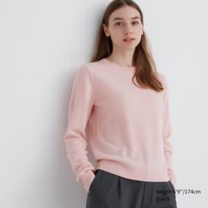 Pink Women Uniqlo Cashmere Crew Neck Long-sleeve Sweaters | USA HPFVS-0241