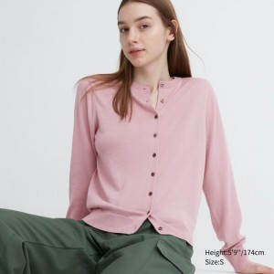 Pink Women Uniqlo Extra Fine Merino Crew Neck Cardigan | USA DWZMV-4521