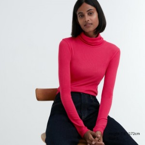 Pink Women Uniqlo Heattech Extra Warm Seamless Ribbed Turtleneck Long-sleeve T Shirts | USA EDXHJ-1695