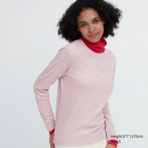 Pink Women Uniqlo Heattech Fleece Crew Neck Long Sleeve T Shirts | USA YKGBC-0726