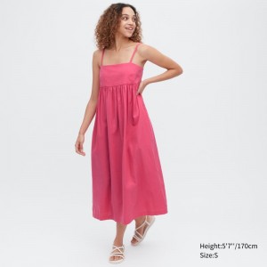 Pink Women Uniqlo Linen-blend Gathered Camisole Dress | USA EDQFC-3192