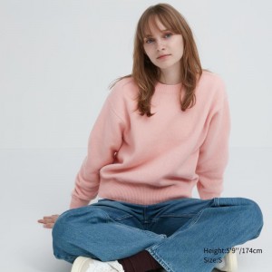 Pink Women Uniqlo Premium Lambswool Crew Neck Long-sleeve Sweaters | USA XNFGS-1729