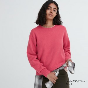 Pink Women Uniqlo Premium Lambswool Crew Neck Long-sleeve Sweaters | USA RMWFA-7384